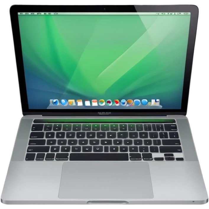 A macbook laptop front facing with its screen showing green screen. emoji
