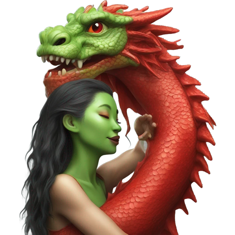 Photo realistic, alien female green, kissing and embracing red china dragon emoji