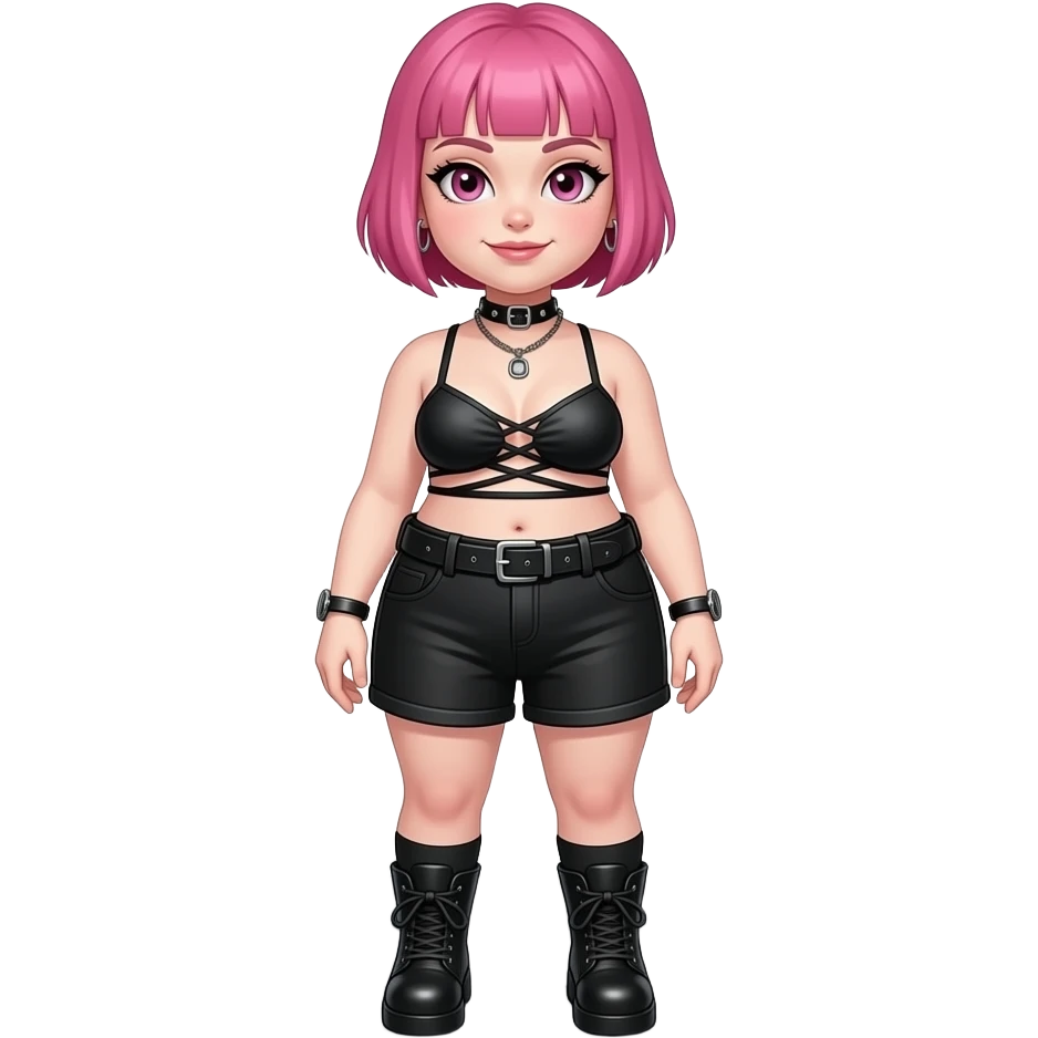 In a spaghetti string holter top, Full body obese goth girl with ear rings nose ring, choker and short buzzcut pink hair. show her from head to foot emoji