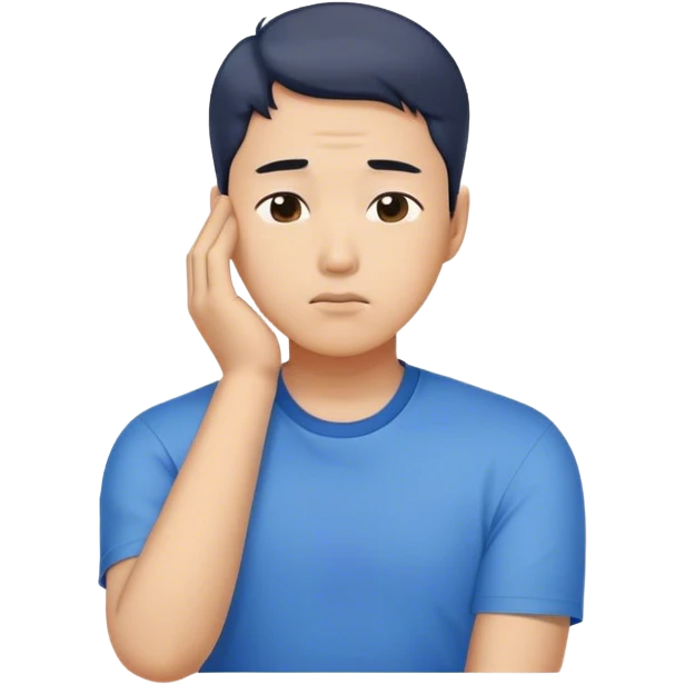A worried Korean man in a blue shirt, resting his head on one hand. Emoji-style digital illustration with a plain white background  emoji