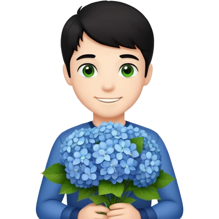 Smiling boy with fair skin and black hair that stands up and green eyes with bouquet of hydrangeas  emoji