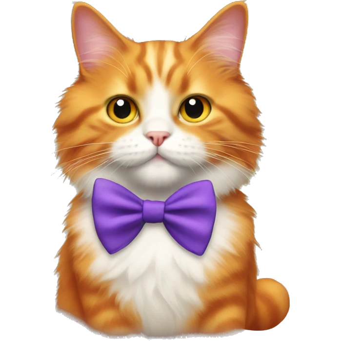 An orange fluffy cat with a purple bow tie emoji