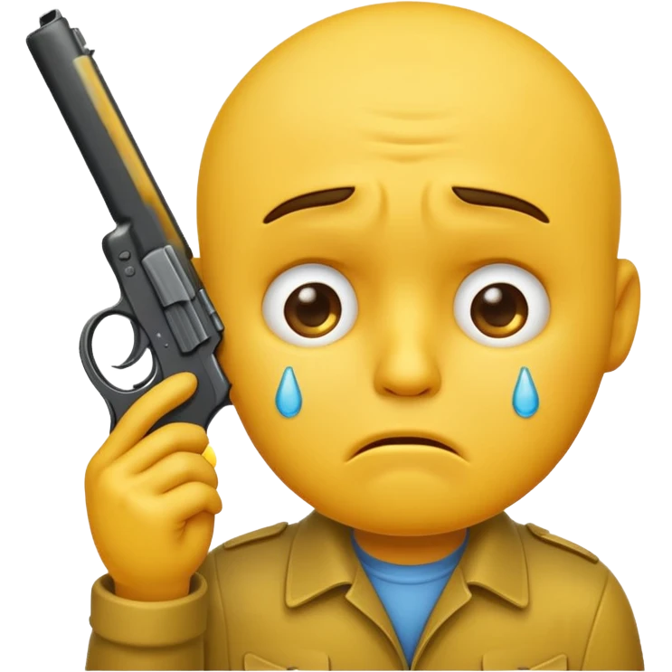 Make a yellow emoji of a guy holding a gun in his mouth while crying emoji