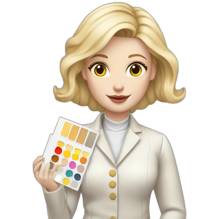 pale skin woman with blonde straight line Hair to shoulders, White classical jacket, Gray Palazzo pants holding a color palette in the hands emoji