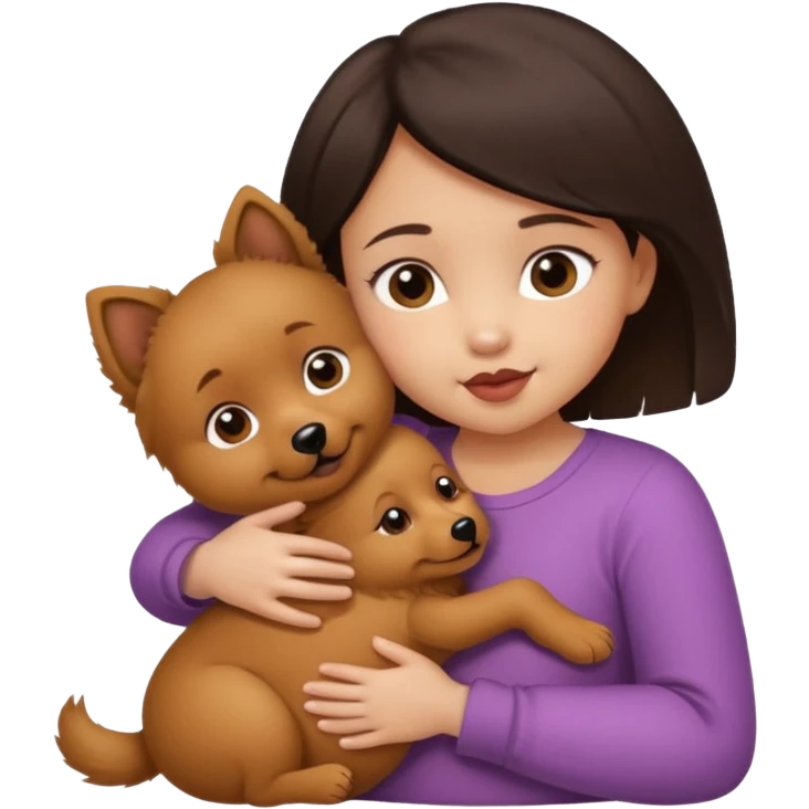 A baby girl with dark short hair and light skin with a nipple in her mouth in a hug with a brown dog spitz emoji
