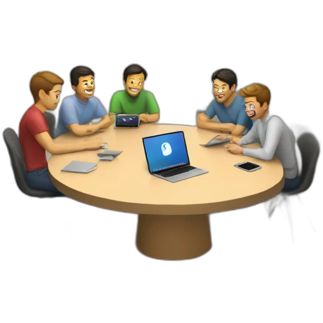 5 Developers with MacBooks sitting in a room with around a circular table and two tv on a wall behind emoji