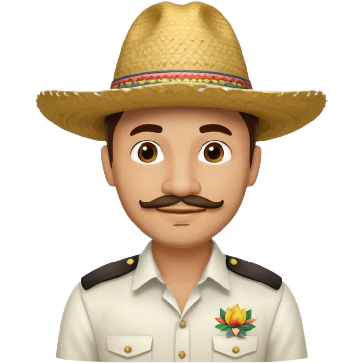 A happy, light skinned, Colombian man, with a small not connected mustache, a small gotee, wearing a Colombian Sombrero Voltiao with black rings on it, and wearing a white dress shirt emoji