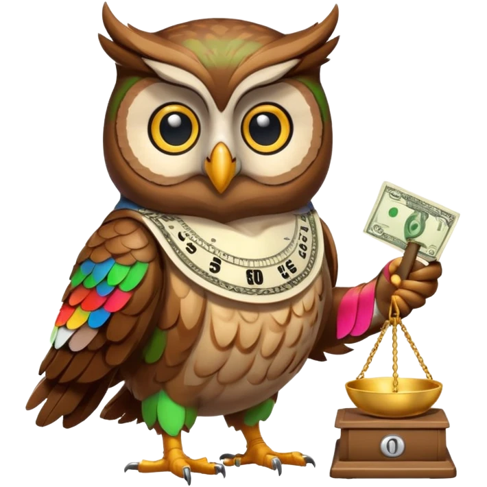 mascot owl holding money scale with two sides emoji