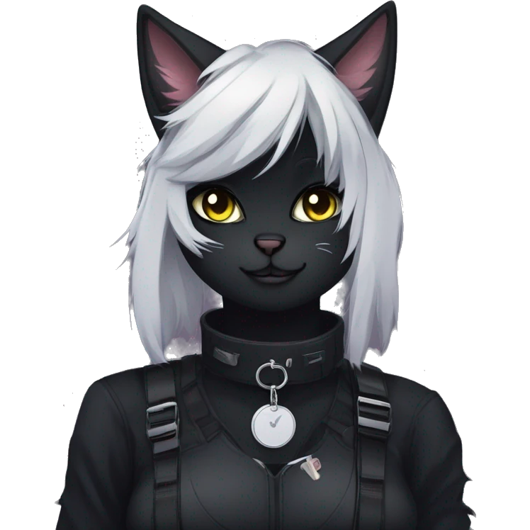 Gorgeous furry dark techwear anime style anthro black cat fursona with blushing face aesthetic and pretty edgy black with collar and harness trending style emoji
