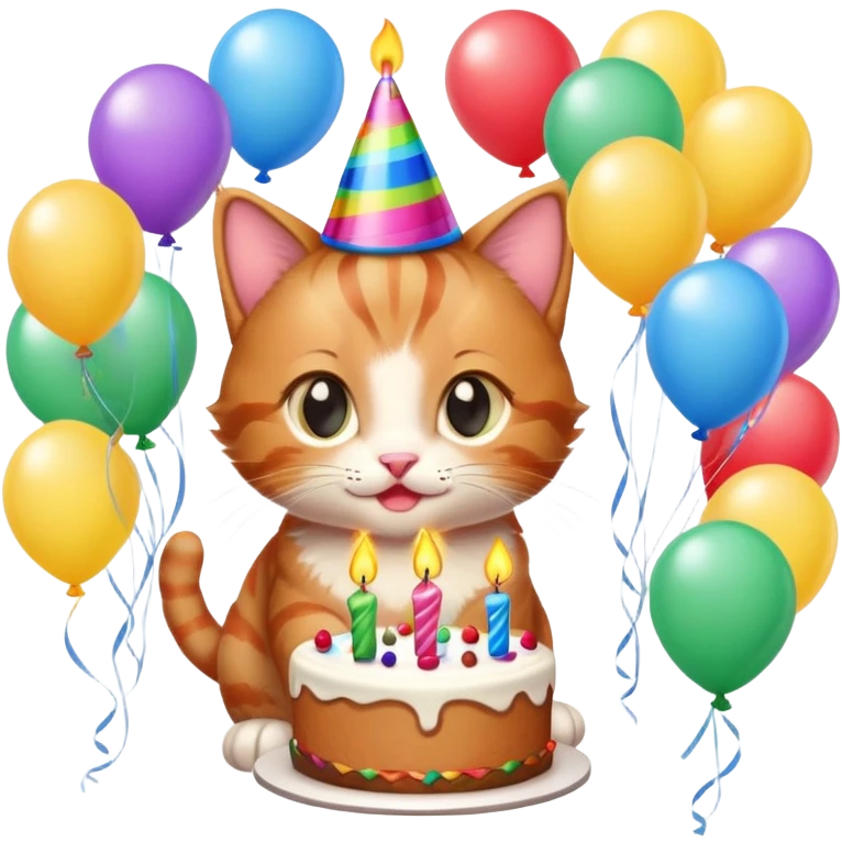 Ginger tabby kitten celebrates birthday, birthday hat, birthday cake, one candle, balloons, happy, gifts emoji