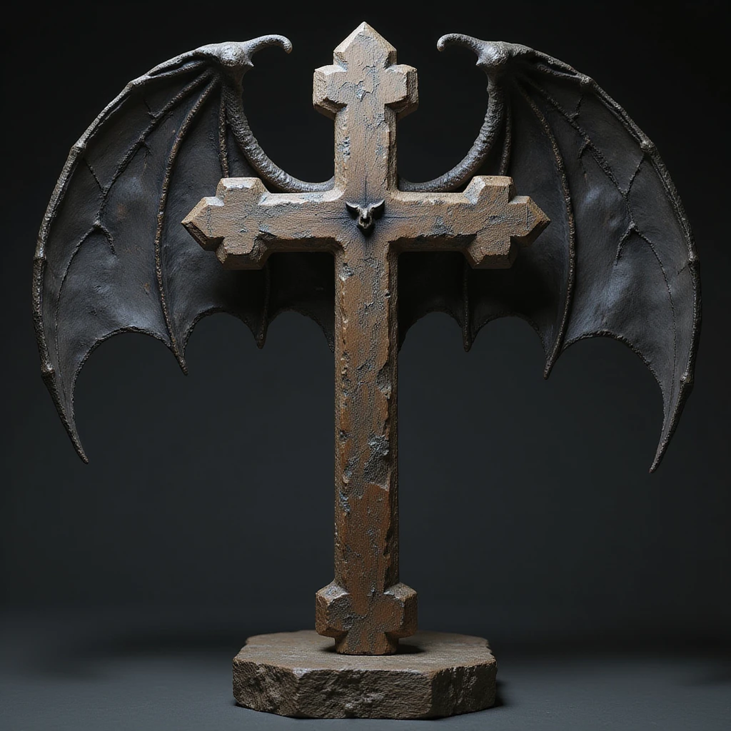 realistic gothic cross, with bat wings, photorealistic style, no background emoji