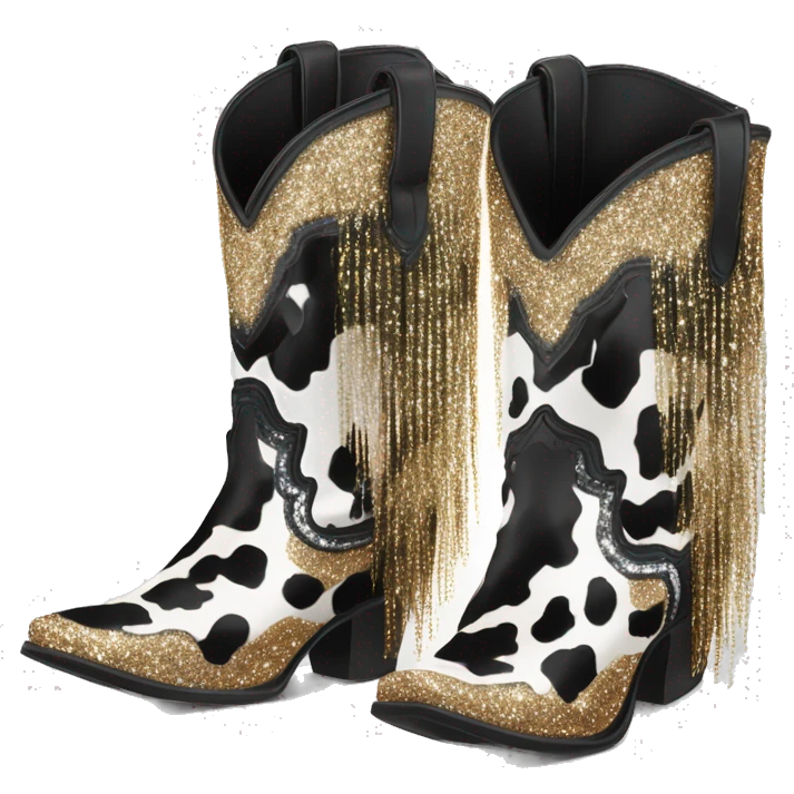 Realistic cow print pair of fashion cowgirl boots with sparkly shiny glitter fringe on them. emoji