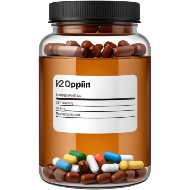 brown glass jar of supplements with white label, black thin title K2  emoji