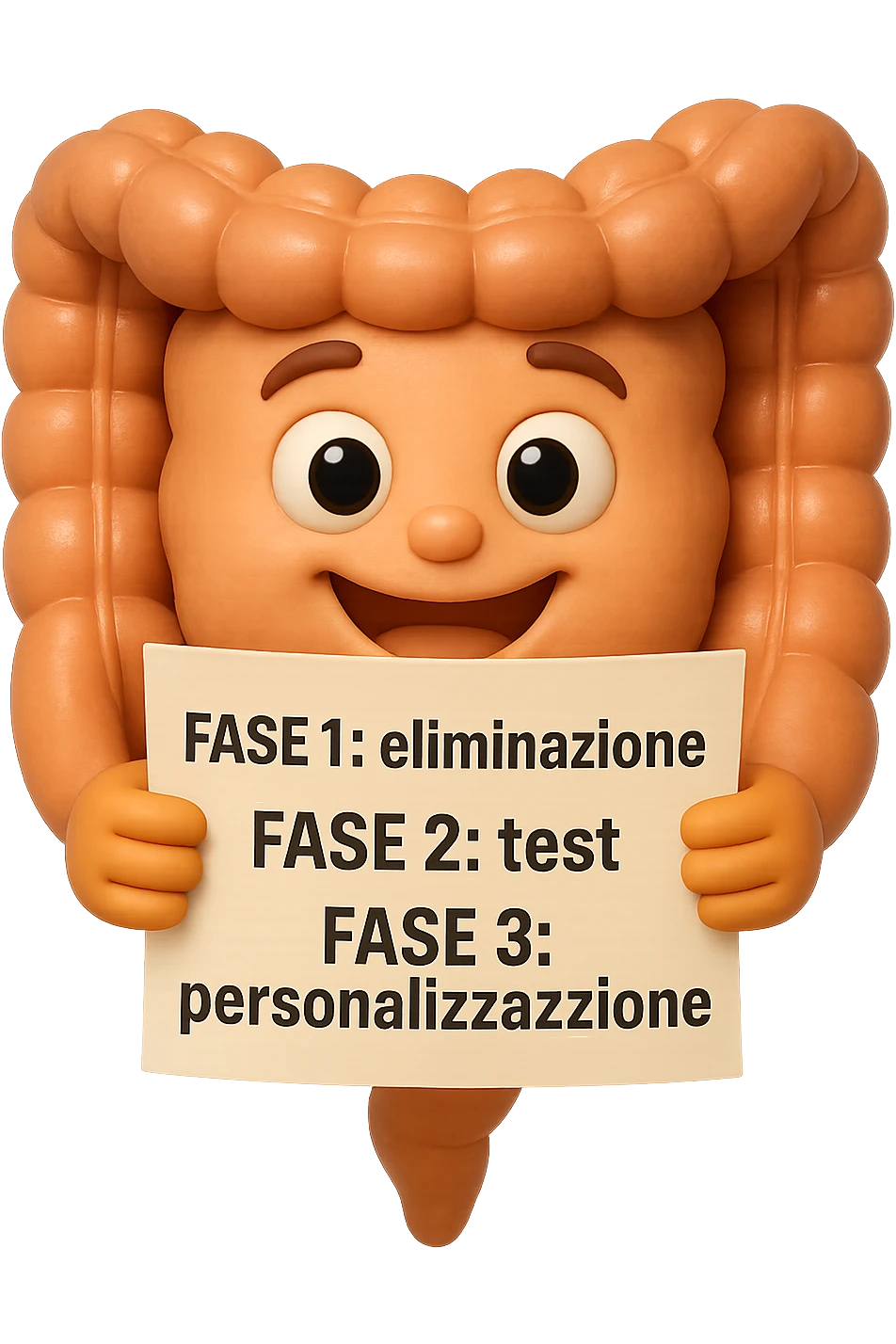 emoji stile iphone 3d di un intestino che tiene in mano un foglio con la scritta "FASE 1: eliminazione, FASE 2: test, FASE 3: personalizzazione, IPERREALISTICO 4K emoji