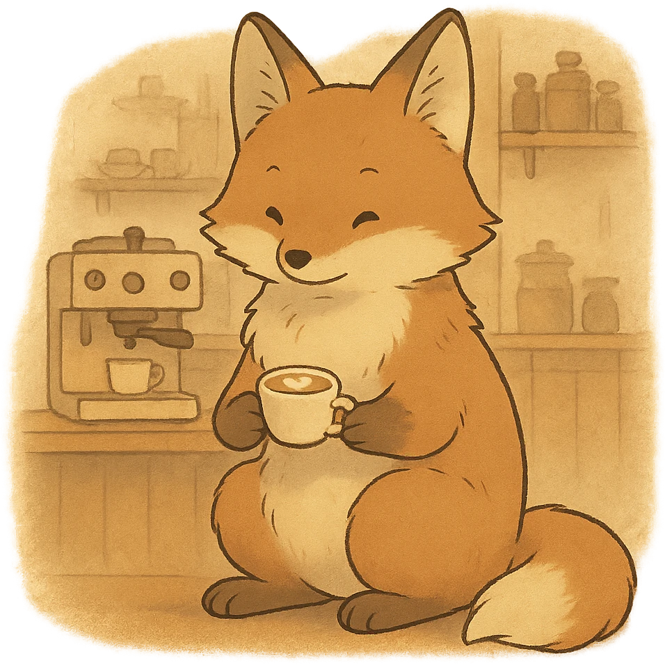 soft fluffy full-body fox holding a tiny latte cup, brown and beige tones, pastel coffee maker aesthetic, cozy coffee shop vibe, gentle warm atmosphere, Ghibli style emoji