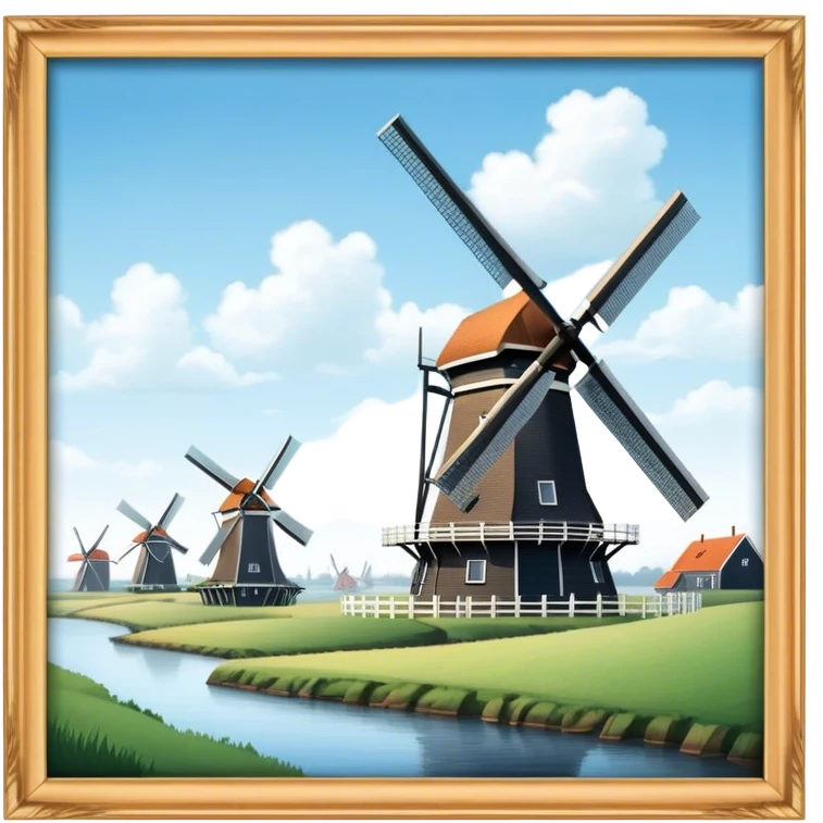Cinematic Realistic Kinderdijk Windmills Landmark Emoji, depicted as a row of classic Dutch windmills set against a serene sky rendered with detailed textures and soft natural lighting. emoji