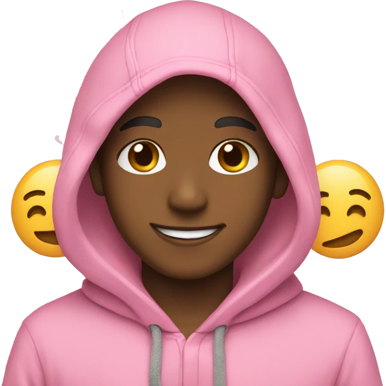 Boy in a pink hoodie smiling with a peace sign emoji