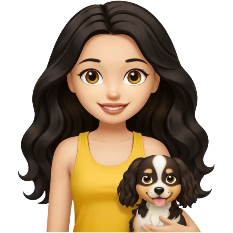 brown pretty bratz girl with long wavy black hair, wearing a yellow tank top with a dog emoji