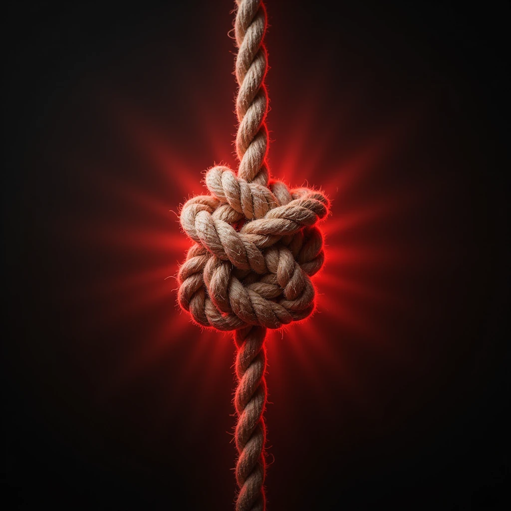 hyperrealistic rope knot isolated on white background with a bright red halo around the knot indicating pain, realistic details, no other elements emoji