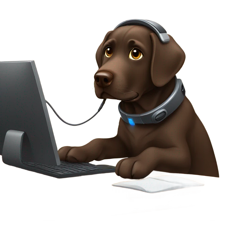 Chocolate lab working on computer with headset  emoji