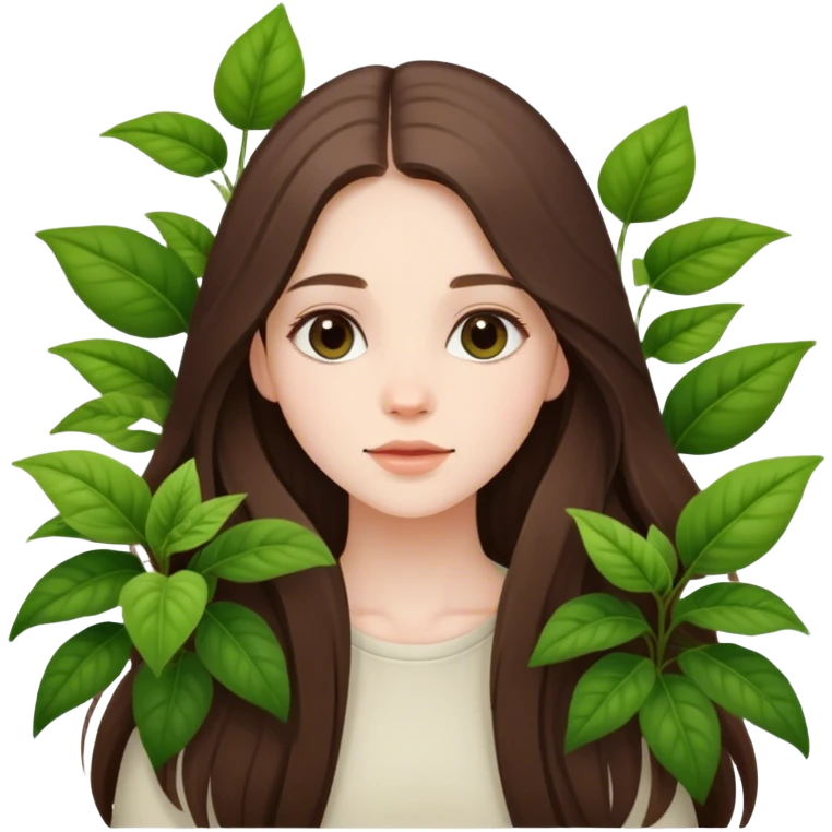 beautiful pale brunette girl with long hair with plants emoji