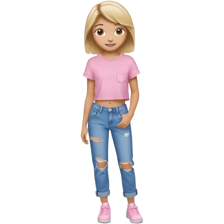 preppy teen girl, tan, blonde highlights, brown hair, long eyelashes, beach aesthetic, wearing cute clothes, sexy, wearing ripped blue baggy jeans with a light pink crop top, a little revealing  emoji