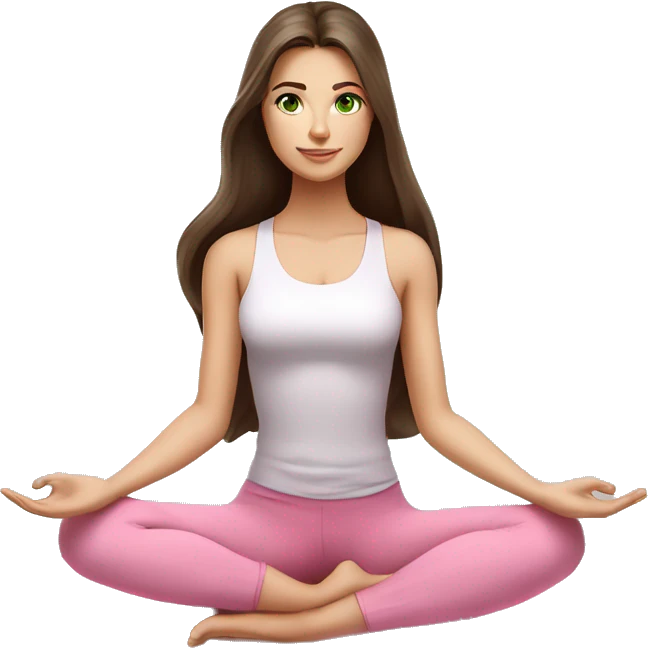 Brunette long hair and green eyes yoga beautiful girl in light pink pink pink clothes sitting on a yoga mat emoji