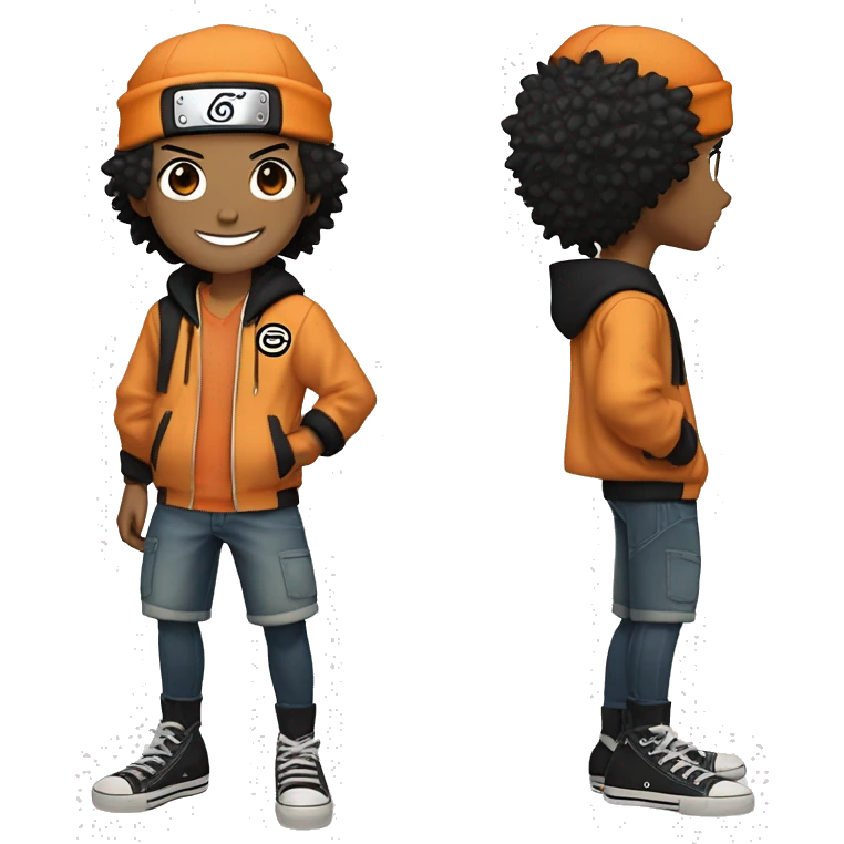Naruto character looking brazilian , biracial, short straight black hair, orange jacket with a little black, a head wrap from his character, black Converse shoes, jean shorts and smiling emoji