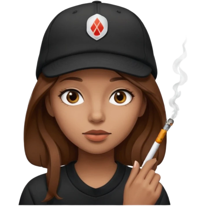 A girl with brown hair with a cigarette and a black cap emoji