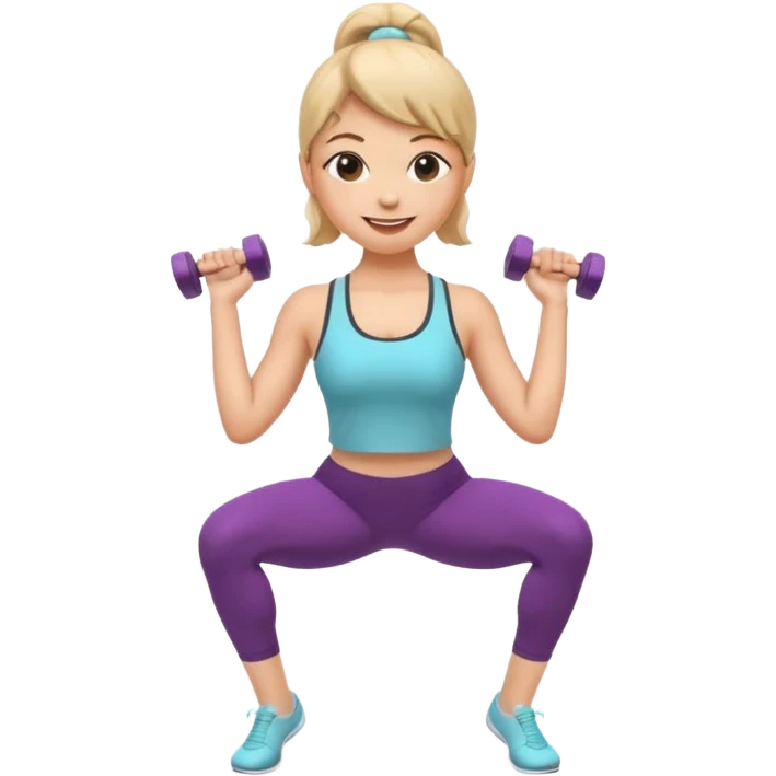 A cute 3D emoji of a fitness woman doing a plié squat at a ballet barre, holding a small dumbbell. She is sweating but smiling. Wearing leggings and a tank top. Soft pastel background, Apple emoji style. emoji