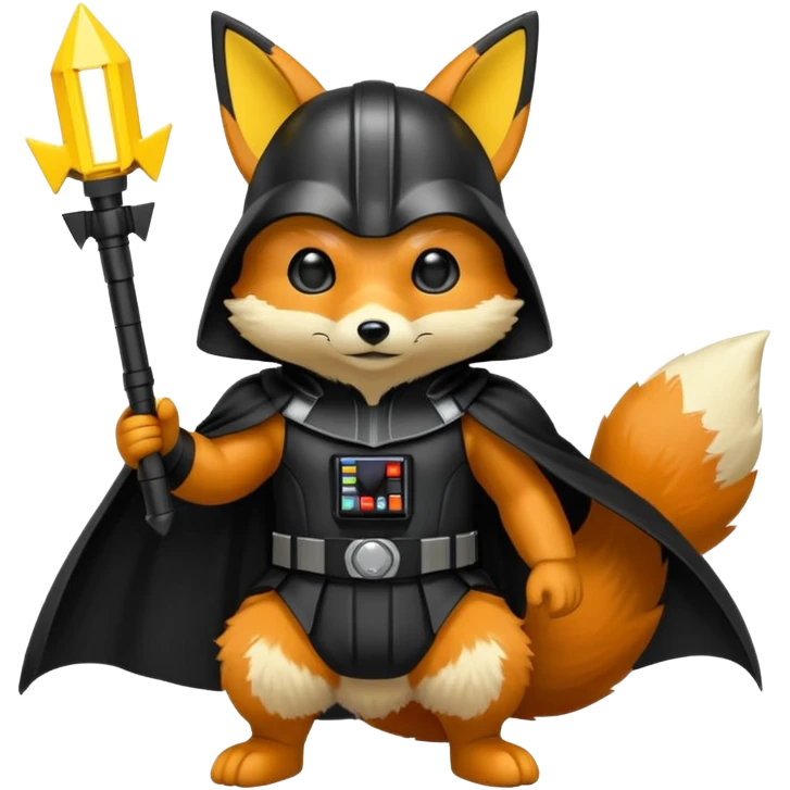 A fox wearing a darth vader Costume with pikachu emoji