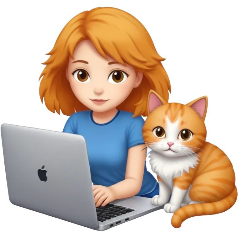 A girl is working on a laptop with a cat lying next to it emoji