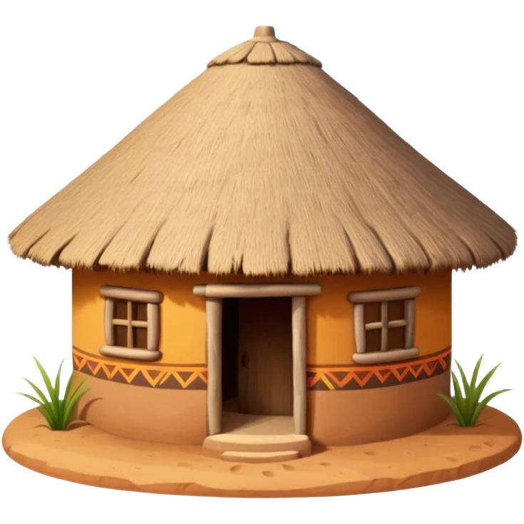 African mud hut tribal house, round adobe clay house, thatched roof, warm sunlight, colorful tribal patterns, cute mobile game icon, 3D cartoon, high detail, clean background emoji