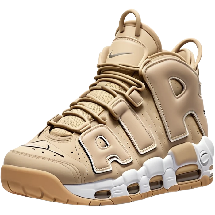 Two beige Nike Air More Uptempo sneakers arranged with one positioned behind the other, simple clean design with minimal details but distinct AIR lettering emoji
