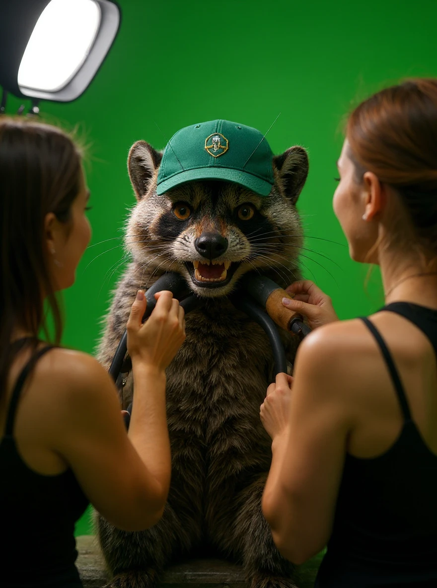 Make this raccon looking cute and make him on a movie set, with a green screen in the background, a raccoon actor is smiling while women are putting makeup on him. The raccoon gives a thumbs up, soft bright light, raccoon wearing green emeralnd color cap, remove cables emoji