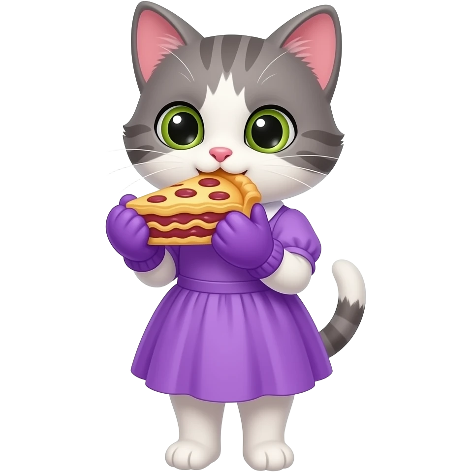 Cartoon sister kitten standing wearing a purple dress wearing purple mittens eating a pie emoji
