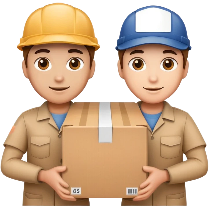 two suppliers standing together holding a big box, both wearing caps and work uniforms emoji