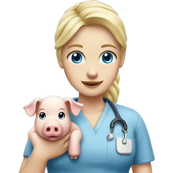 Female blonde vet with blue eyes holding a pig emoji