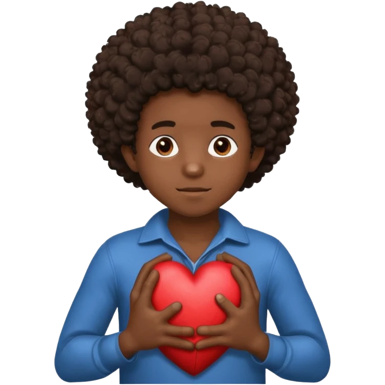 I want a black boy with chocolate skin and a small messy afro holding a heart close to his chest with his hands over the heart as if to present it to someone he loves. I want the name “Aja” on the heart. emoji