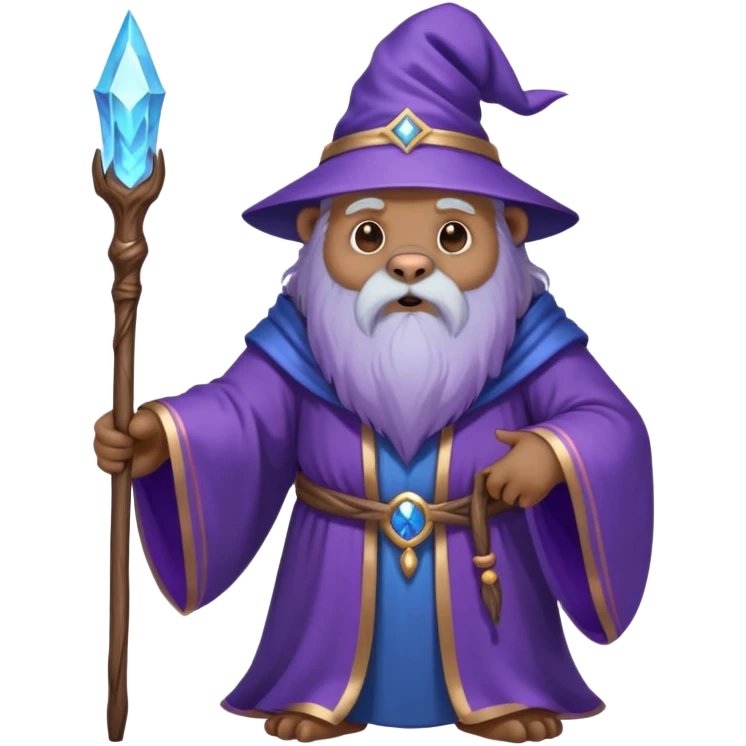 A wise old bear wizard with long beard casting a blue spell with wooden staff and purple flowing robes emoji