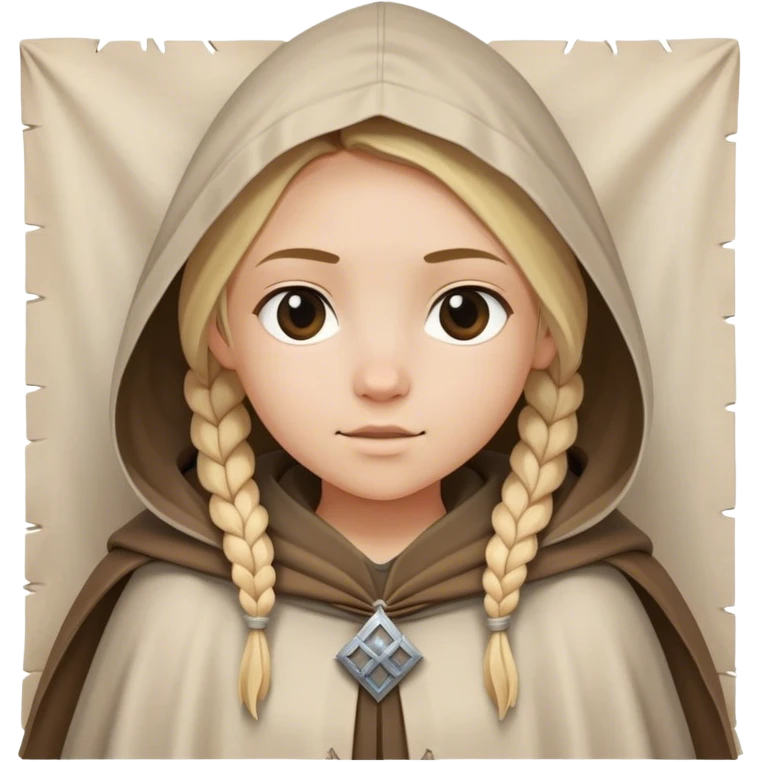 girl with blond braids wearing a cloak with a hood over her shoulders holding a white square of canvas, medieval age emoji