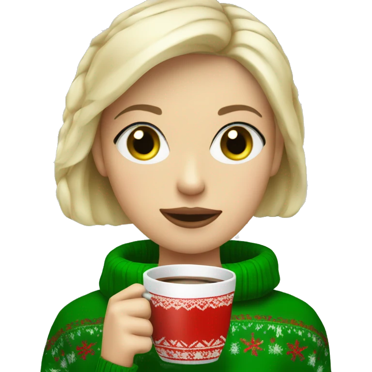 Short haired blonde girl with green eyes drinking coffee wearing Christmas sweater emoji