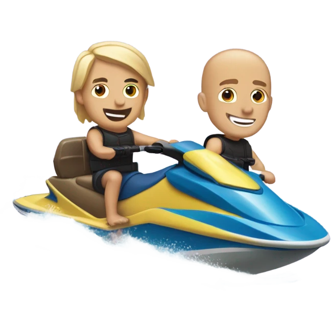 Guy with long Blonde hair, guy with bald head, guy with short brown hair, riding a jet ski with 3 surf boards emoji