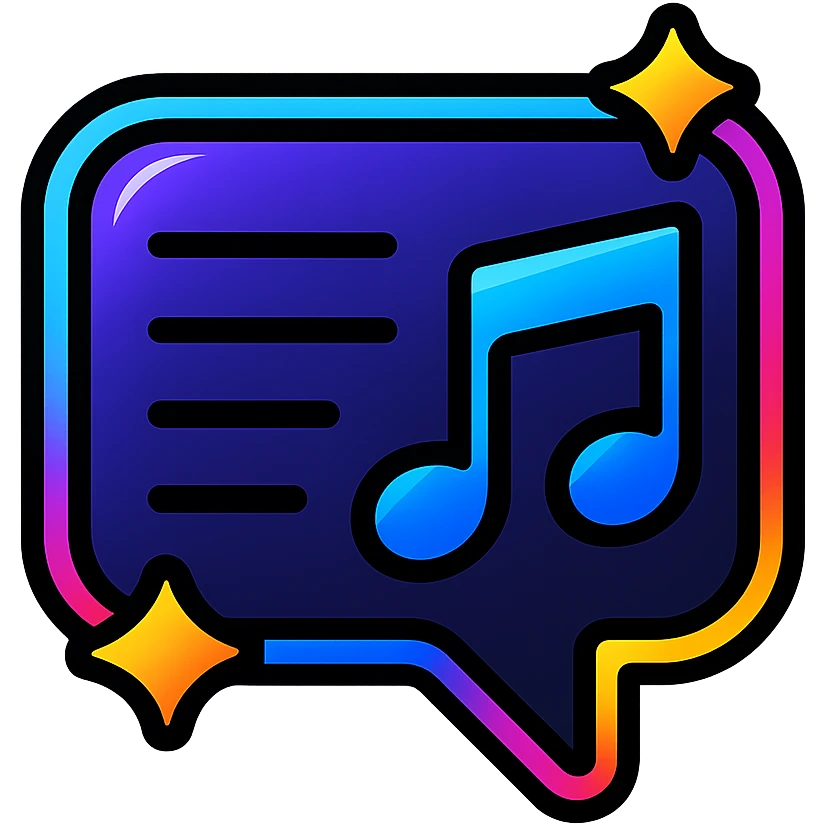 lyrics icon with dark purple, blue, and black base, bright accents, complex gradients, stars, bright neon border, modern recognizable abstract lyrics symbol, glow and lighting effects, sophisticated futuristic icon style emoji