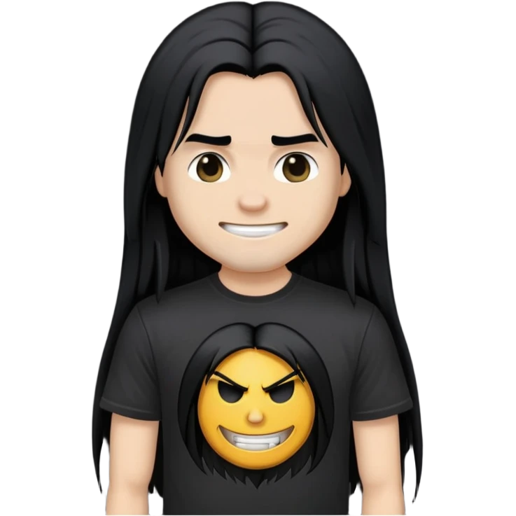 A heavy metal fan with long straight black hair, wearing a black heavy metal band t-shirt, with a smirky smile on face emoji