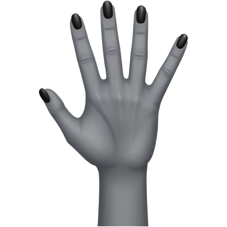 front angle view of a grey colored arm and 5-fingered hand reaching out, black finger nails behind emoji
