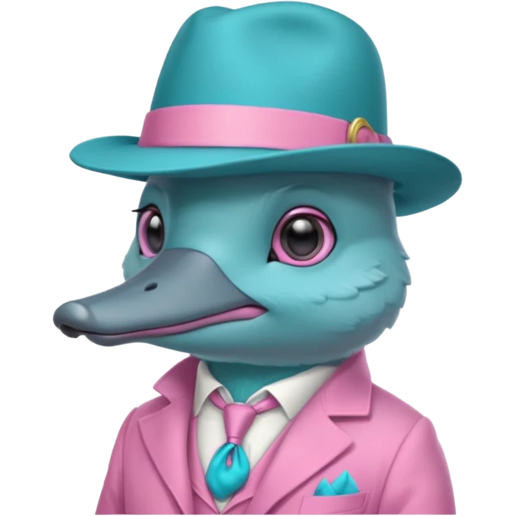 cute light blue turqiouse platypus head with a detective hat and monocle on his eye, no  hands, looks like a platypus but blue, the hat and suit are pink emoji
