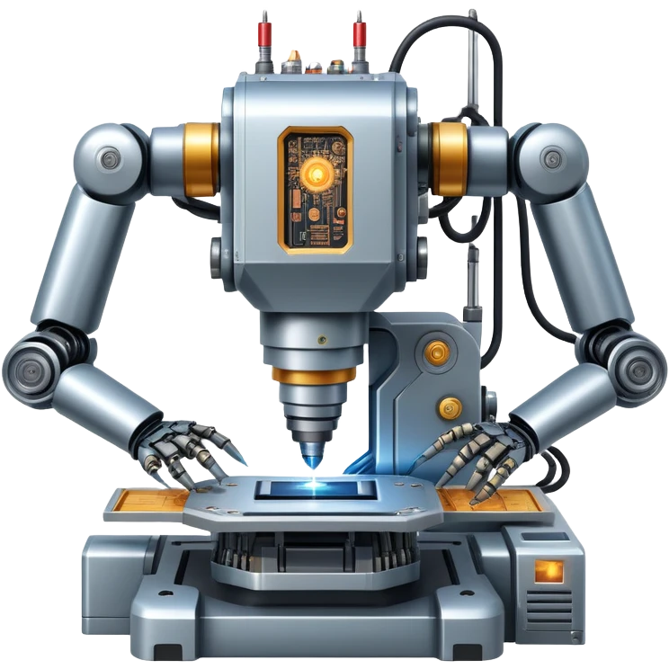 An icon featuring a giant robotic machine welding a large microchip with a laser, using two robotic arms. The design includes circuit boards, gears, and technical schematics, symbolizing advanced engineering and automation. Transparent background highlights the fusion of technology emoji
