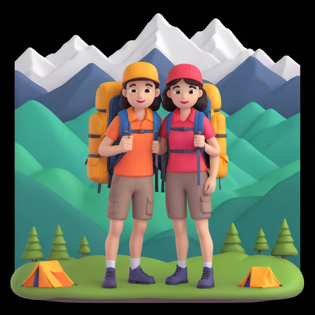 back packer couple posing, mountains in background,   close up pose emoji