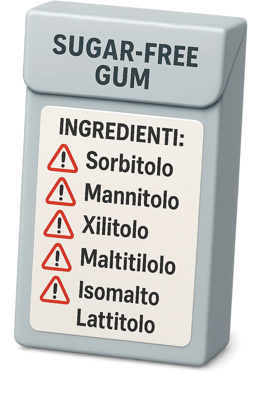 SU QUESTO STILE FAI UN EMOJI STILE IPHONE 3D DI UN pacchetto di gomme senza zucchero con ETICHETTA CON GLI INGREDIENTI SCRITTI, "sorbitolo, mannitolo, xilitolo, maltitolo, isomalto, lattitolo" accanto ad ogni nome scritto mettici un segnale di allarme, FALLO MOLTO REALISTICO IN 3D emoji